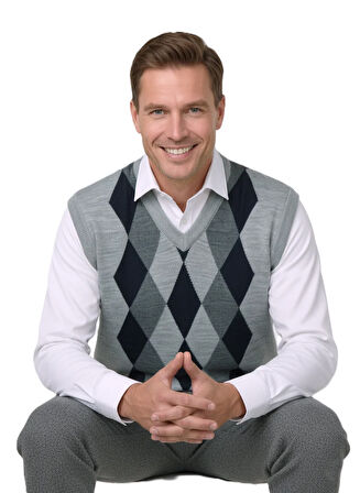 Oppland Erkek Kışlık Süveter Rahat Kesim Triko Dokuma V Yaka Klasik Baklava Desenli