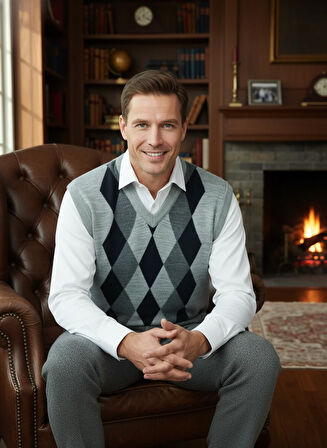 Oppland Erkek Kışlık Süveter Rahat Kesim Triko Dokuma V Yaka Klasik Baklava Desenli