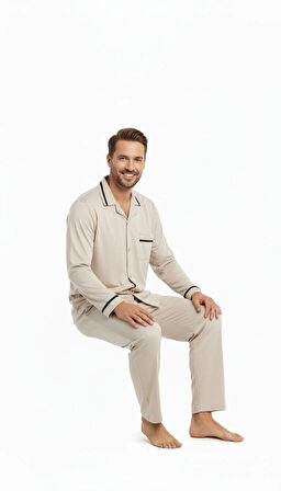 Oppland Erkek Pijama Takımı Saten Kumaş Klasik Model Cepli Rahat Tam Kalıp OPEPT26PIEROMOD92