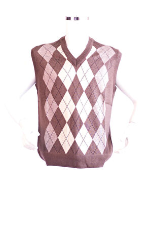 Oppland Erkek Kahverengi Baba Süveteri Baklava Desenli V Yakalı İnce Yün Dokuma