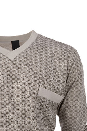 Oppland Yazlık Erkek Pijama Takımı %100 Pamuk Kumaş Modern Model Desenli V Yaka Cepli Düz Paça Rahat