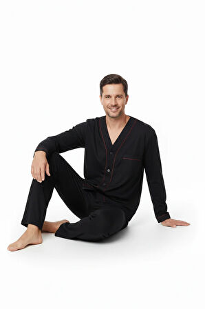 Oppland Erkek Pijama Takımı %100 İpek Kumaş Klasik Model Cepli Rahat Tam Kalıp