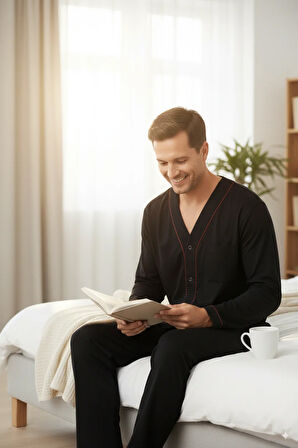 Oppland Erkek Pijama Takımı %100 İpek Kumaş Klasik Model Cepli Rahat Tam Kalıp