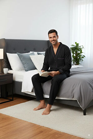 Oppland Erkek Pijama Takımı %100 İpek Kumaş Klasik Model Cepli Rahat Tam Kalıp