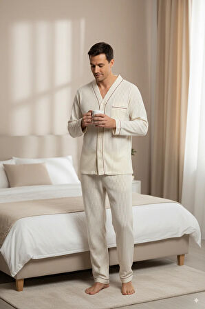 Oppland Erkek Pijama Takımı %100 İpek Kumaş Klasik Model Cepli Rahat Tam Kalıp