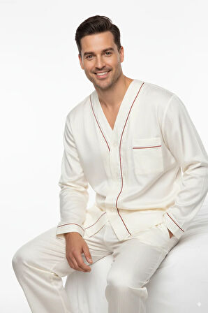 Oppland Erkek Pijama Takımı %100 İpek Kumaş Klasik Model Cepli Rahat Tam Kalıp
