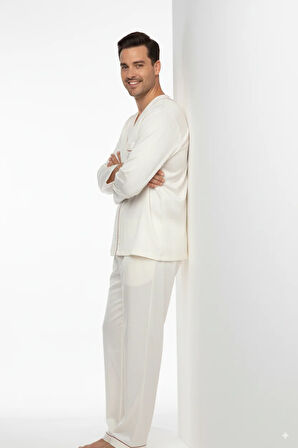 Oppland Erkek Pijama Takımı %100 İpek Kumaş Klasik Model Cepli Rahat Tam Kalıp