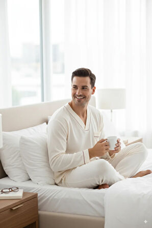 Oppland Erkek Pijama Takımı %100 İpek Kumaş Klasik Model Cepli Rahat Tam Kalıp