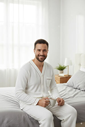 Oppland Erkek Pijama Takımı %100 İpek Kumaş Klasik Model Cepli Rahat Tam Kalıp