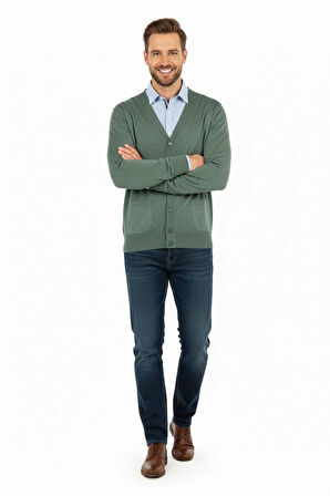 Oppland Erkek V Yakalı Düğmeli Çift Cepli Klasik Model Rahat Kesim ince Yünlü Dokuma hırka