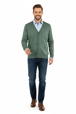 Oppland Erkek V Yakalı Düğmeli Çift Cepli Klasik Model Rahat Kesim ince Yünlü Dokuma hırka