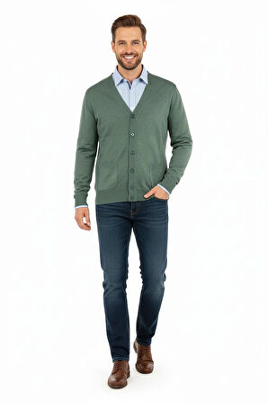 Oppland Erkek V Yakalı Düğmeli Çift Cepli Klasik Model Rahat Kesim ince Yünlü Dokuma hırka