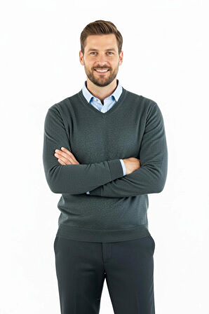 Oppland Erkek Uzun Kollu V Yakalı Düz Renk Klasik Model Rahat Kesim ince Yünlü Dokuma Kazak