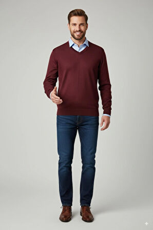 Oppland Erkek Uzun Kollu V Yakalı Düz Renk Klasik Model Rahat Kesim ince Yünlü Dokuma Kazak