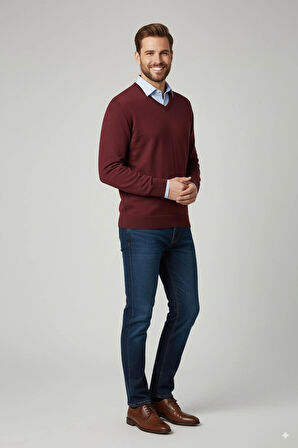 Oppland Erkek Uzun Kollu V Yakalı Düz Renk Klasik Model Rahat Kesim ince Yünlü Dokuma Kazak