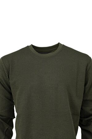 Erkek Mevsimlik Doğal Pamuklu Sweatshirt Bisiklet Yaka Çizgili Rahat Kesim Tam Kalıp