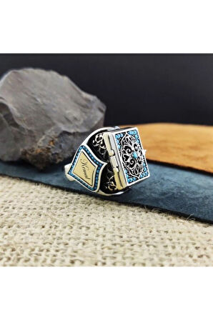 Erkek Gümüş Yüzük - Tasarımlı Firuze Mikro Taşlı Erkek Gümüş Yüzük