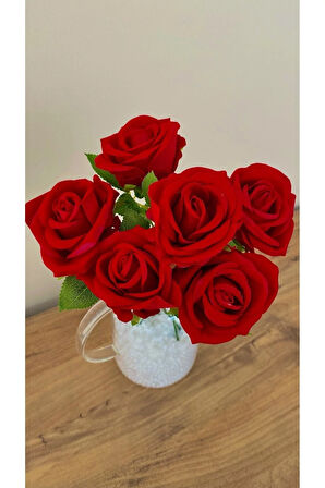 Yapay Kadife Buket 6adet Kırmızı Gül 40cm Cansız Demet Yapraklı Çiçek