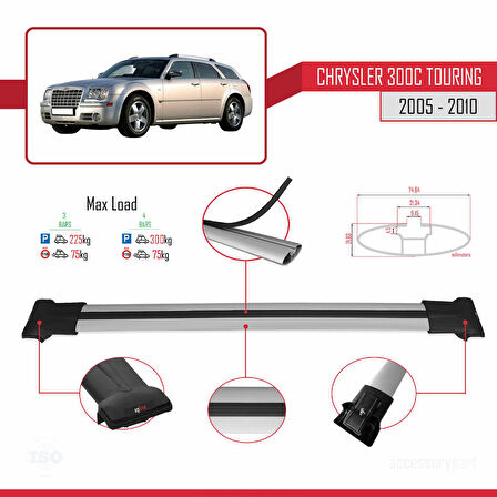 Chrysler 300C Touring 2005-2010 Arası ile Uyumlu FLY Model Ara Atkı Tavan Barı Gri 3 Adet