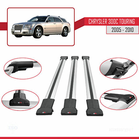 Chrysler 300C Touring 2005-2010 Arası ile Uyumlu FLY Model Ara Atkı Tavan Barı Gri 3 Adet