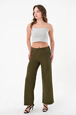 Kadın Haki Bel Lastikli Palazzo Pantolon
