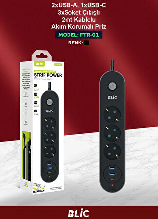 BLİC FTR-01 2Mt.Termal Akım Korumalı Çoklu Priz 2xUSB-A 1XUSB-C 3XAC Socket