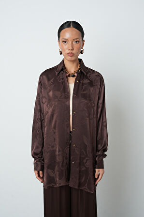 Kadın Kahverengi Desenli Oversize Tesettür Gömlek