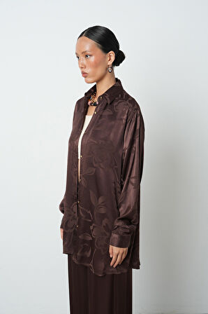 Kadın Kahverengi Desenli Oversize Tesettür Gömlek