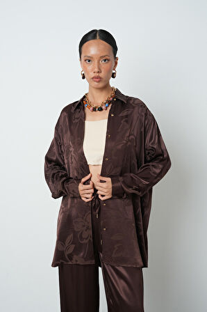 Kadın Kahverengi Desenli Oversize Tesettür Gömlek