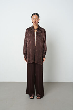 Kadın Kahverengi Desenli Oversize Tesettür Gömlek