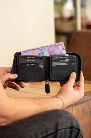Byanca Hakiki Deri Fermuarlı Cüzdan - Mat Siyah