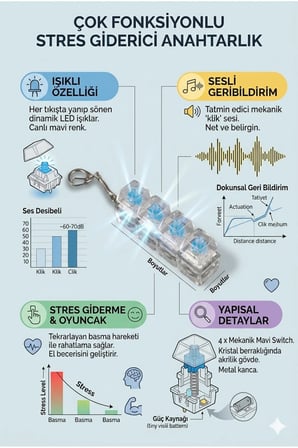 Işıklı Klavye Stres Giderici Click Sesli Anahtarlık Karışık gönderilecek 10 Adet Fiyatıdır