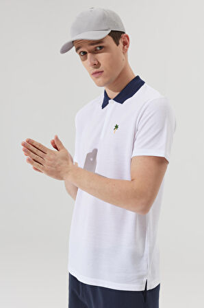Erkek Beyaz Slim Fit Dar Kesim Dar Polo Yaka Pamuklu Kısa Kollu Tişört
