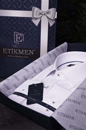 Beyaz Baklava Desen Slimfit Hediye Kutulu Erkek Gömlek