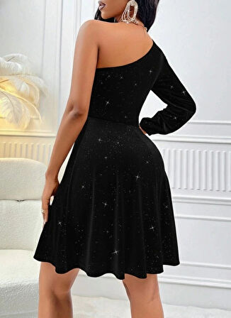 Kadın Tek Omuzdan Açık Uzun Kollu Taşlı Mini Elbise