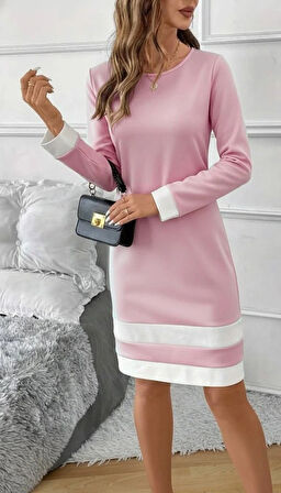 Kadın Uzun Kollu Yuvarlak Yaka Etek Ucu şerit Detaylı Mini Dalgıç Elbise