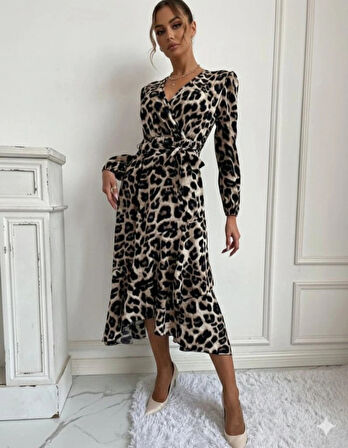 Kadın Uzun Kollu Kruvaze Yaka Yandan Bağlamalı önden Fırfır Detaylı Süprem Uzun Elbise