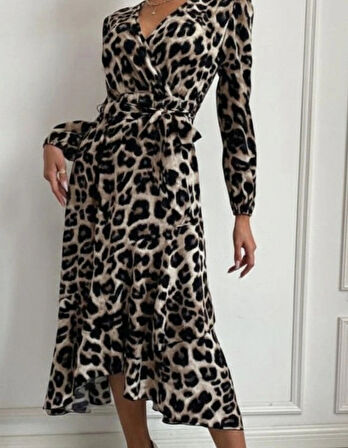 Kadın Uzun Kollu Kruvaze Yaka Yandan Bağlamalı önden Fırfır Detaylı Süprem Uzun Elbise