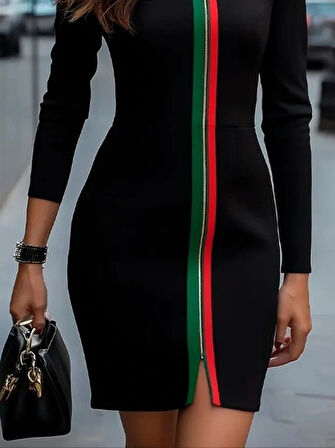 Kadın Uzun Kollu önden Tam Boy Fermuarlı Renkli şerit Detaylı Viskon Iki Iplik Mini Elbise