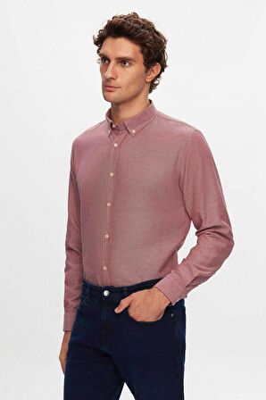 Ds Damat Slim Fit Bordo Armürlü Düğmeli Yaka Pamuklu Gömlek 5HC02ORT07265 5HC02ORT07265