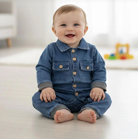 Düğme detaylı bebek kot tulum