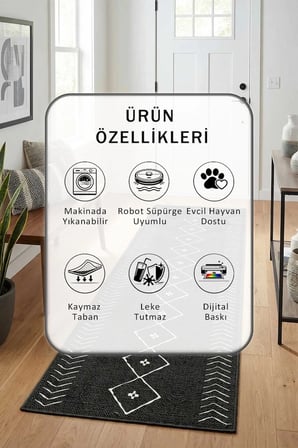 Yıkanabilir Kaymaz İskandinav Keten ---siyah Dijital Baskılı Yolluk Halı Tüy Tutmaz