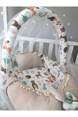Nest Waffle Pike Kumaş Ve Orman Müslin Ponponlu Jaju-babynest Oyuncak Aparat Ve Tül Set