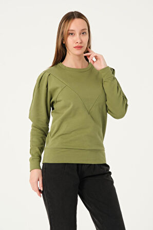 P-004955 - Kadın Pamuklu Uzun Kollu Sweatshirt - YAĞ YEŞİLİ