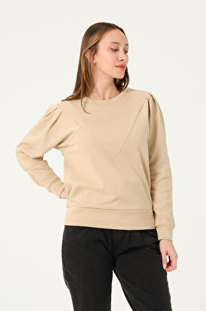 P-004955 - Kadın Pamuklu Uzun Kollu Sweatshirt - BEJ