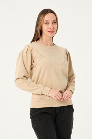 P-004955 - Kadın Pamuklu Uzun Kollu Sweatshirt - BEJ