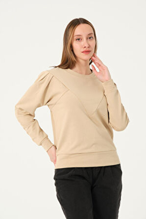 P-004955 - Kadın Pamuklu Uzun Kollu Sweatshirt - BEJ