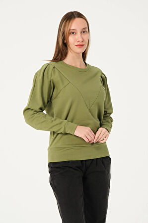 P-004955 - Kadın Pamuklu Uzun Kollu Sweatshirt - YAĞ YEŞİLİ