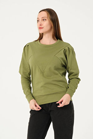 P-004955 - Kadın Pamuklu Uzun Kollu Sweatshirt - YAĞ YEŞİLİ