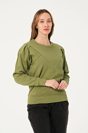 P-004955 - Kadın Pamuklu Uzun Kollu Sweatshirt - YAĞ YEŞİLİ